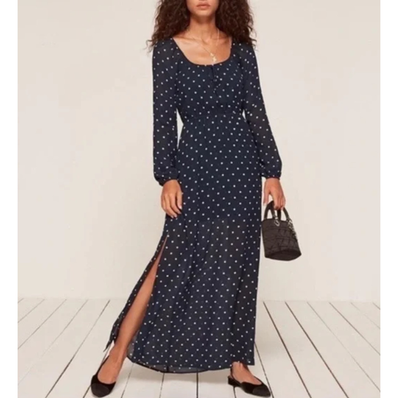 Reformation Augusta Dress Long Sleeve Side Slit In Punto Navy Polka Dot Size Xs